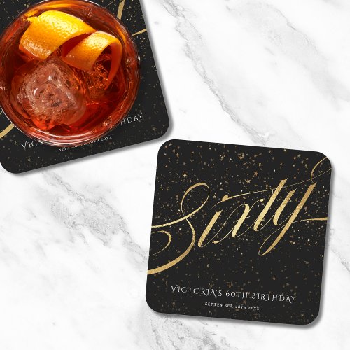 Sixty 60th Birthday Gold Black Elegant Calligraphy Square Paper Coaster