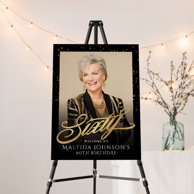 Sixty 60th Birthday Gold Black Photo Welcome Foam Board (In Situ (Stand))