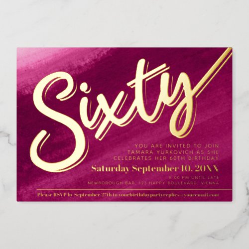 Sixty 60th Birthday party gold red pink wash Foil Invitation