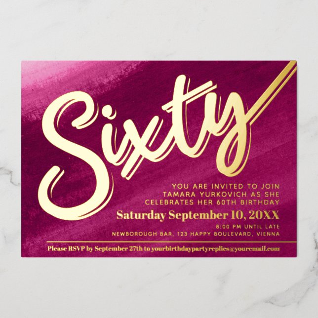 Sixty 60th Birthday party gold red pink wash Foil Invitation (Front)