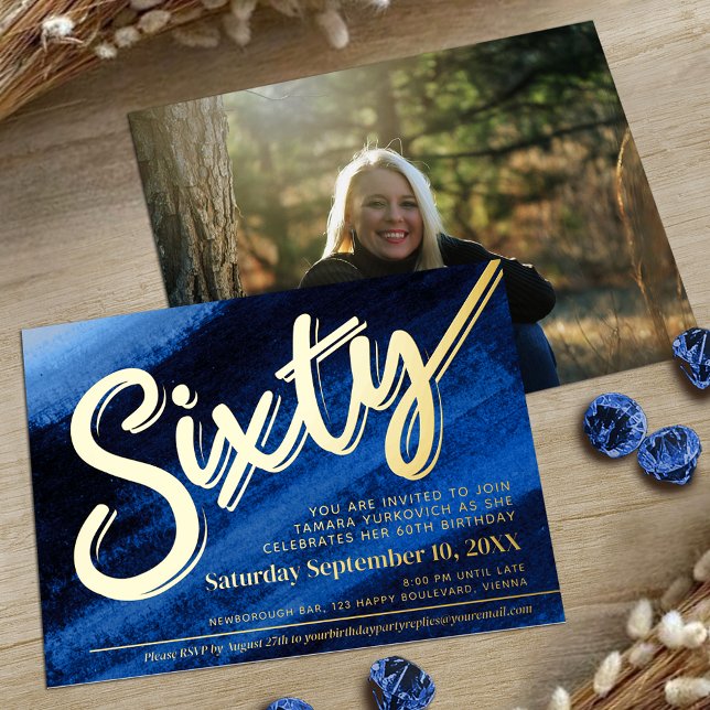 Sixty 60th Birthday party gold sapphire blue Foil Invitation (Creator Uploaded)