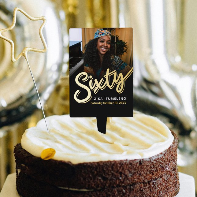 Sixty 60th birthday party photo gold black cake topper (Creator Uploaded)