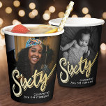 Sixty 60th Birthday photo script black gold color Paper Cups<br><div class="desc">Sixty gold colored style effect script text on black paper cups. Personalize these cups with two photos of your birthday girl turning 60, one on each side (for past and present plus add your own name or message. Ideal for a 60th birthday party or surprise sixtieth birthday event. Other years...</div>