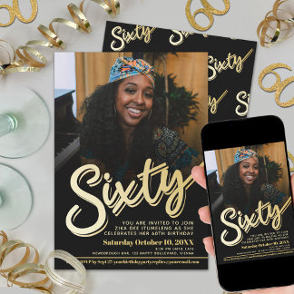 Sixty 60th Birthday photo script flat gold color Invitation