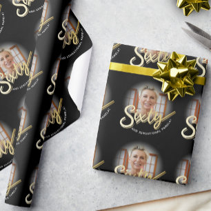 Sixty 60th Birthday photo script gold custom Wrapping Paper
