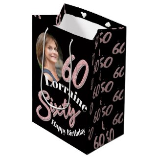 Sixty 60th Birthday photo script rose pink Medium Gift Bag