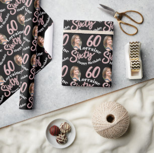 Sixty 60th Birthday photo script rose pink Wrapping Paper