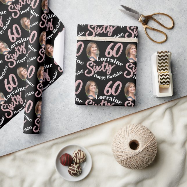 Sixty 60th Birthday photo script rose pink Wrapping Paper (Crafts)