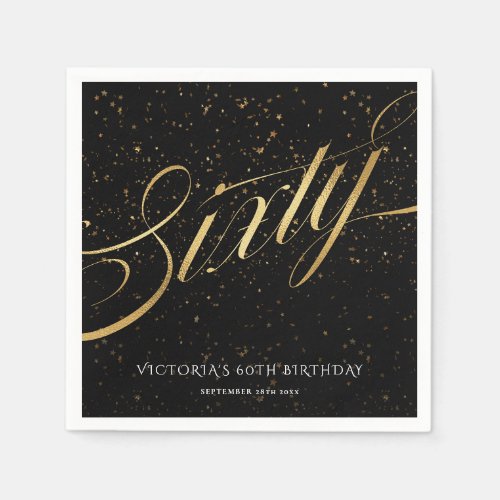 Sixty 60th Confetti Elegant Calligraphy Gold Black Napkins