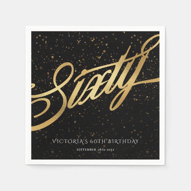 Sixty 60th Confetti Elegant Calligraphy Gold Black Napkins (Front)