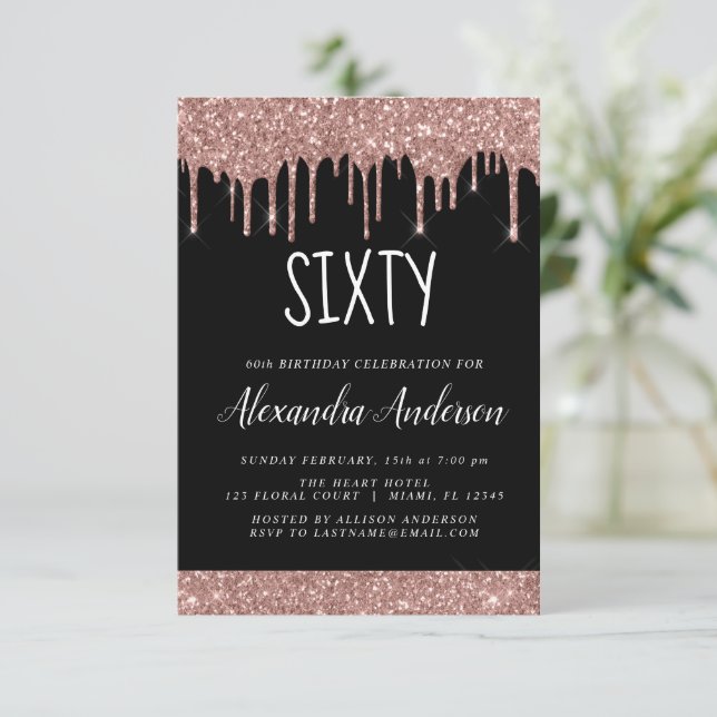 Rose Gold Black Glitter Any Age Birthday Invitation, Zazzle