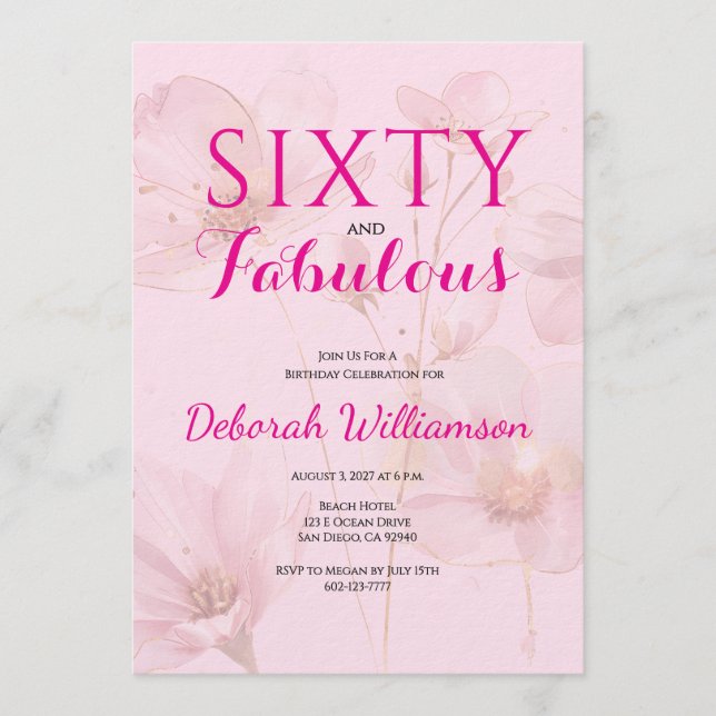 Sixty and Fabulous Blush Pink Floral 60th Birthday Invitation (Front)