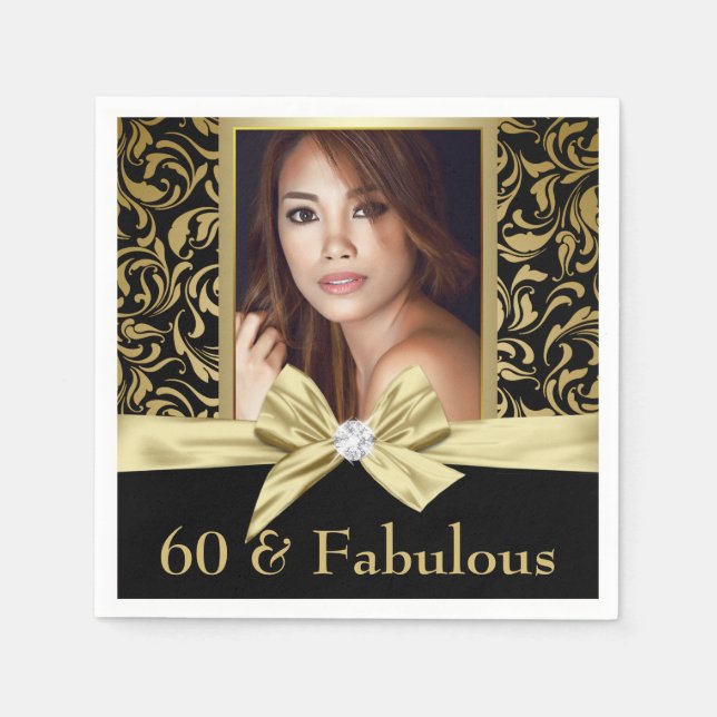 Sixty and Fabulous gold black damask 60th Birthday Napkins (Front)