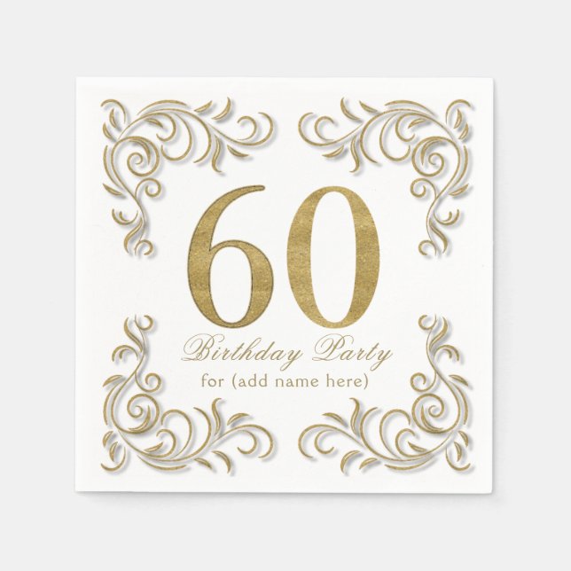 Sixty and fabulous gold glitter birthday party napkins (Front)