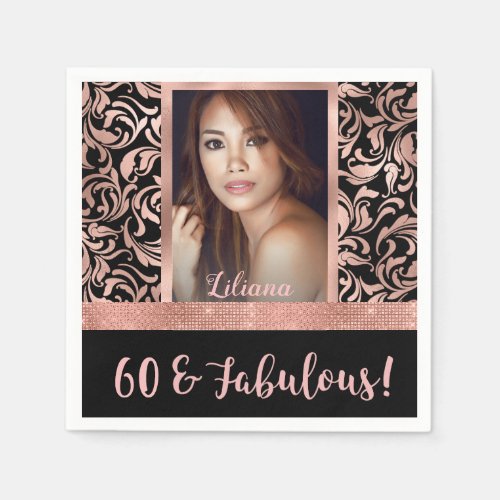 Sixty and Fabulous rose gold damask 60th Birthday Napkins
