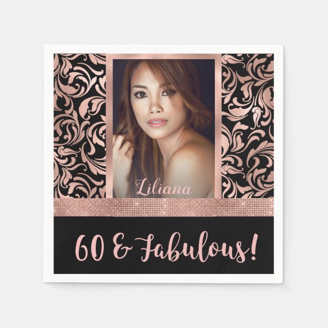 Sixty and Fabulous rose gold damask 60th Birthday Napkins (Front)