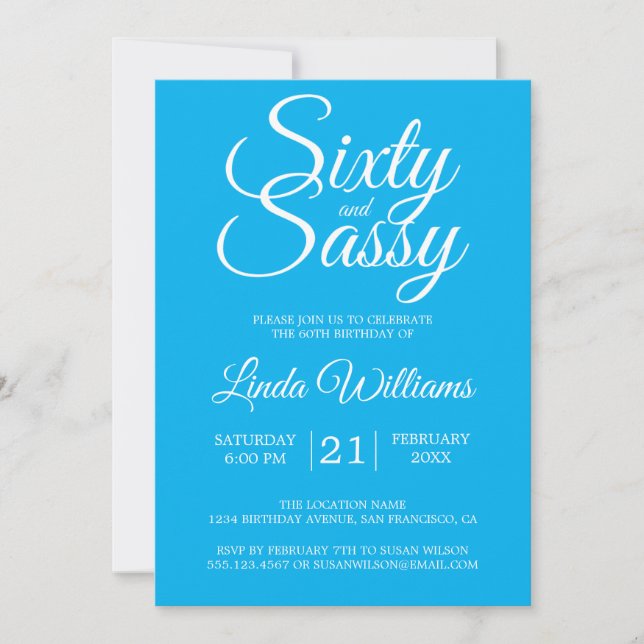 Sixty and Sassy 60th Birthday Party Bright Blue Invitation (Front)