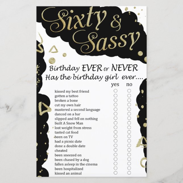 Sixty and Sassy Birthday ever or never game (Front)
