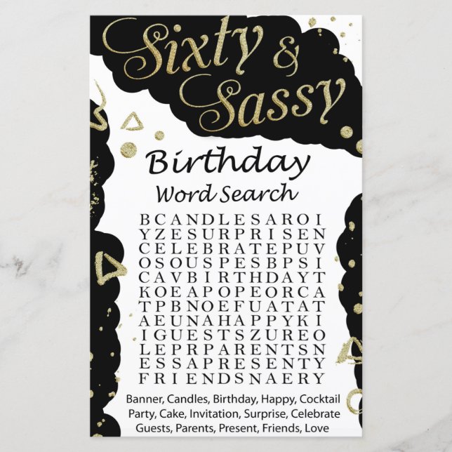 Sixty and Sassy Birthday word search game (Front)