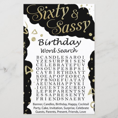 Sixty and Sassy Birthday word search game