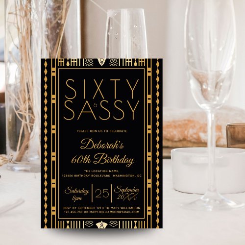 Sixty and Sassy Black Gold Elgant Roaring 20s 60th Invitation