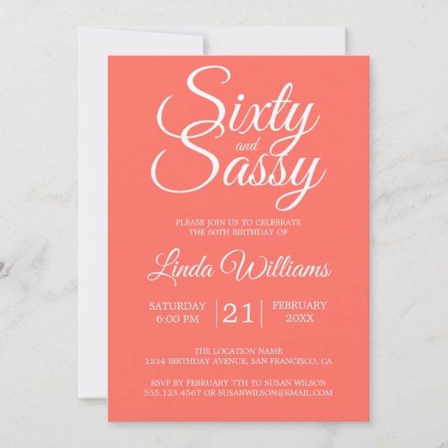 Sixty and Sassy Coral 60th Birthday Invitation (Front)