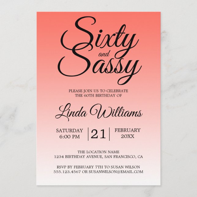 Sixty and Sassy Coral Ombre 60th Birthday Invitation (Front)