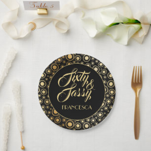 Sixty And Sassy Elegant Black Gold 60th Party Paper Plates