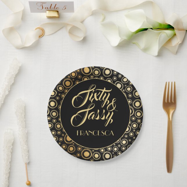 Sixty And Sassy Elegant Black Gold 60th Party Paper Plates (Wedding)