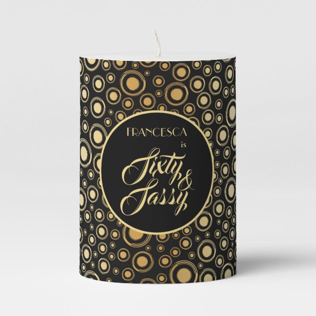 Sixty And Sassy Elegant Black Gold 60th Pillar Candle (Front)