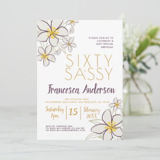 Sixty and Sassy Modern Purple Gold Jasmine Floral  Invitation