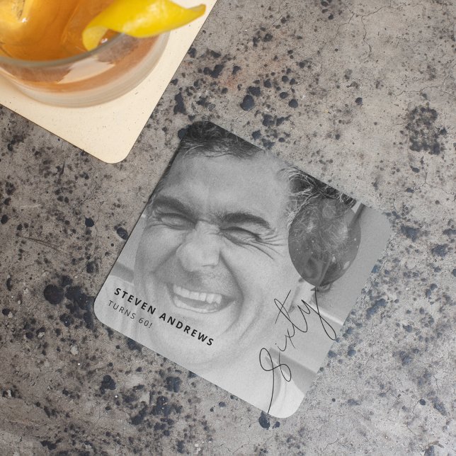 Sixty Balloon String | Photo 60th Birthday Party Square Paper Coaster (Creator Uploaded)