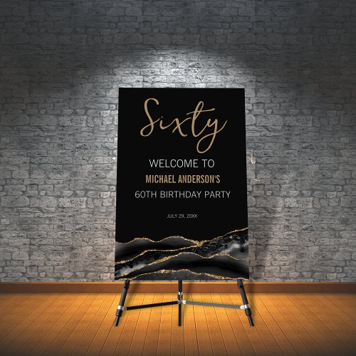 Sixty Black Gold Agate 60th Birthday Welcome Sign