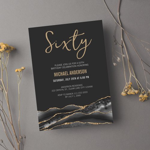 Sixty  Black Gold Agate Mens 60th Birthday  Invitation