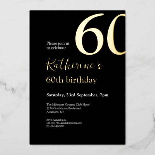 Sixty Black  Gold Chic Modern 60th Birthday Party Foil Invitation