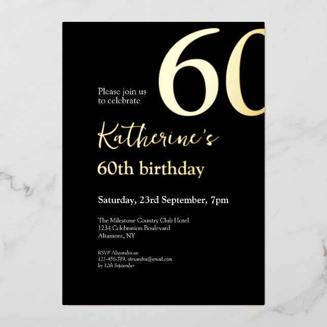 Sixty Black Gold Elegant 60th Birthday Party Foil Invitation (Front)
