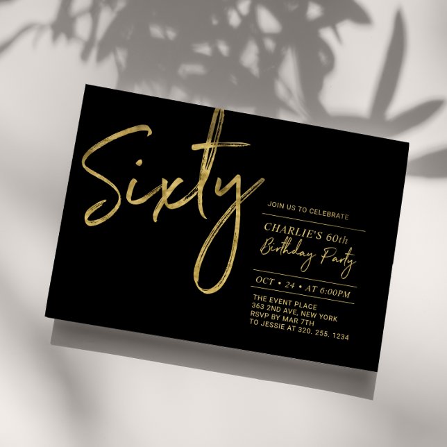 Sixty | Black & Gold Modern 60th Birthday Party Invitation