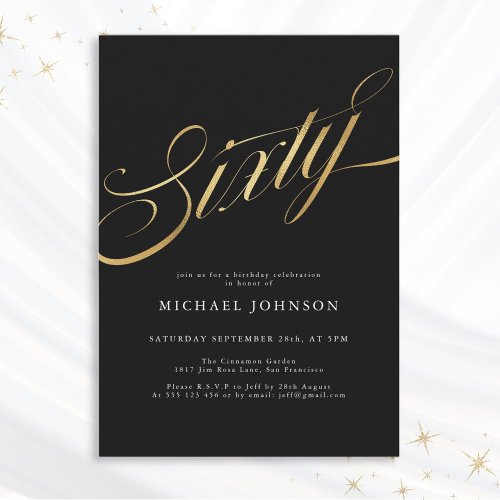 Sixty Black Gold Modern Minimalist 60th Birthday Invitation