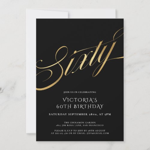 Sixty Black Gold Typography 60th Birthday Invitation