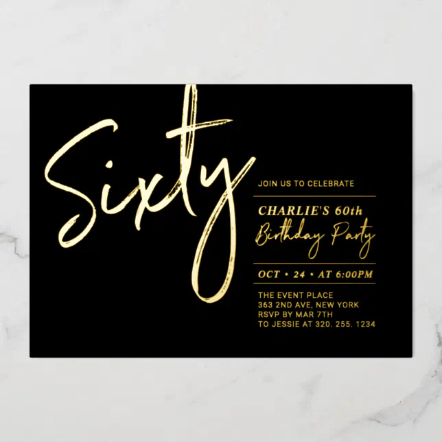 Sixty | Black Modern Lettering 60th Birthday Party Foil Invitation | Zazzle