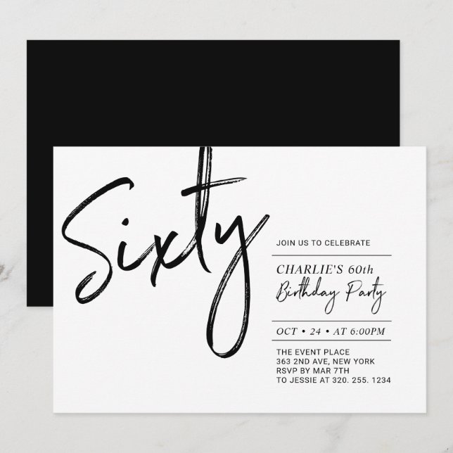 Sixty | Black & White Modern 60th Birthday Party Invitation (Front/Back)