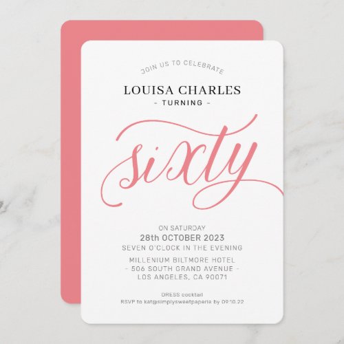 SIXTY elegant birthday chic script modern coral In Invitation