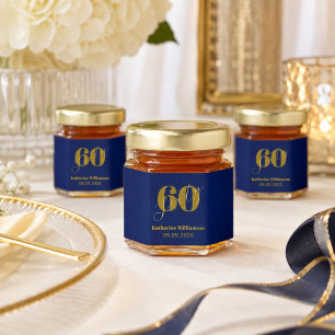Sixty Elegant Blue & Gold 60th Birthday Honey Jar Favors