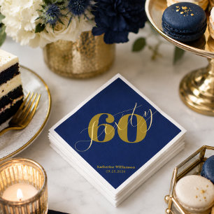 Sixty Elegant Blue & Gold 60th Birthday Invitation Napkins