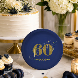 Sixty Elegant Blue & Gold 60th Birthday Invitation Paper Plates