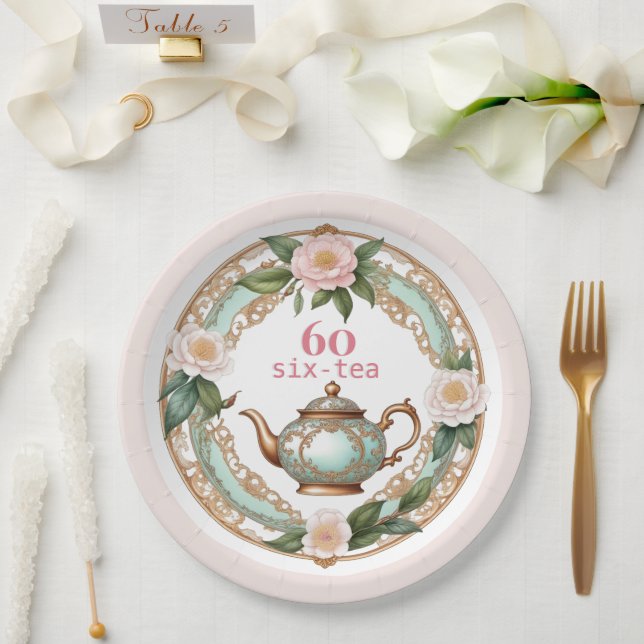 Sixty Elegant Flowers Pretty Teapot 60th Birthday  Paper Plates (Wedding)