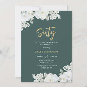 Sixty Emerald Green & Gold White Floral Birthday Invitation