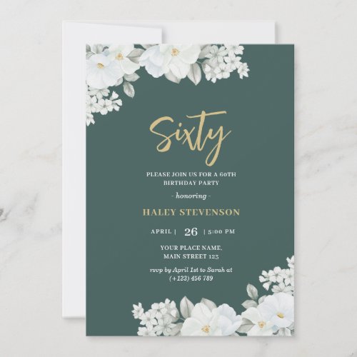 Sixty Emerald Green  Gold White Floral Birthday Invitation
