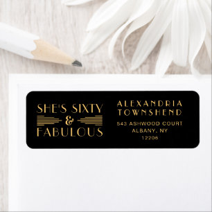 Sixty & Fabulous Black Gold Art Deco 60th Birthday Label