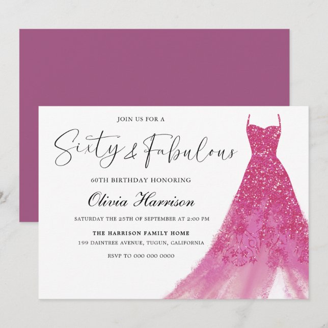 Sixty & Fabulous Gorgeous Pink Gown 60th Birthday Invitation (Front/Back)